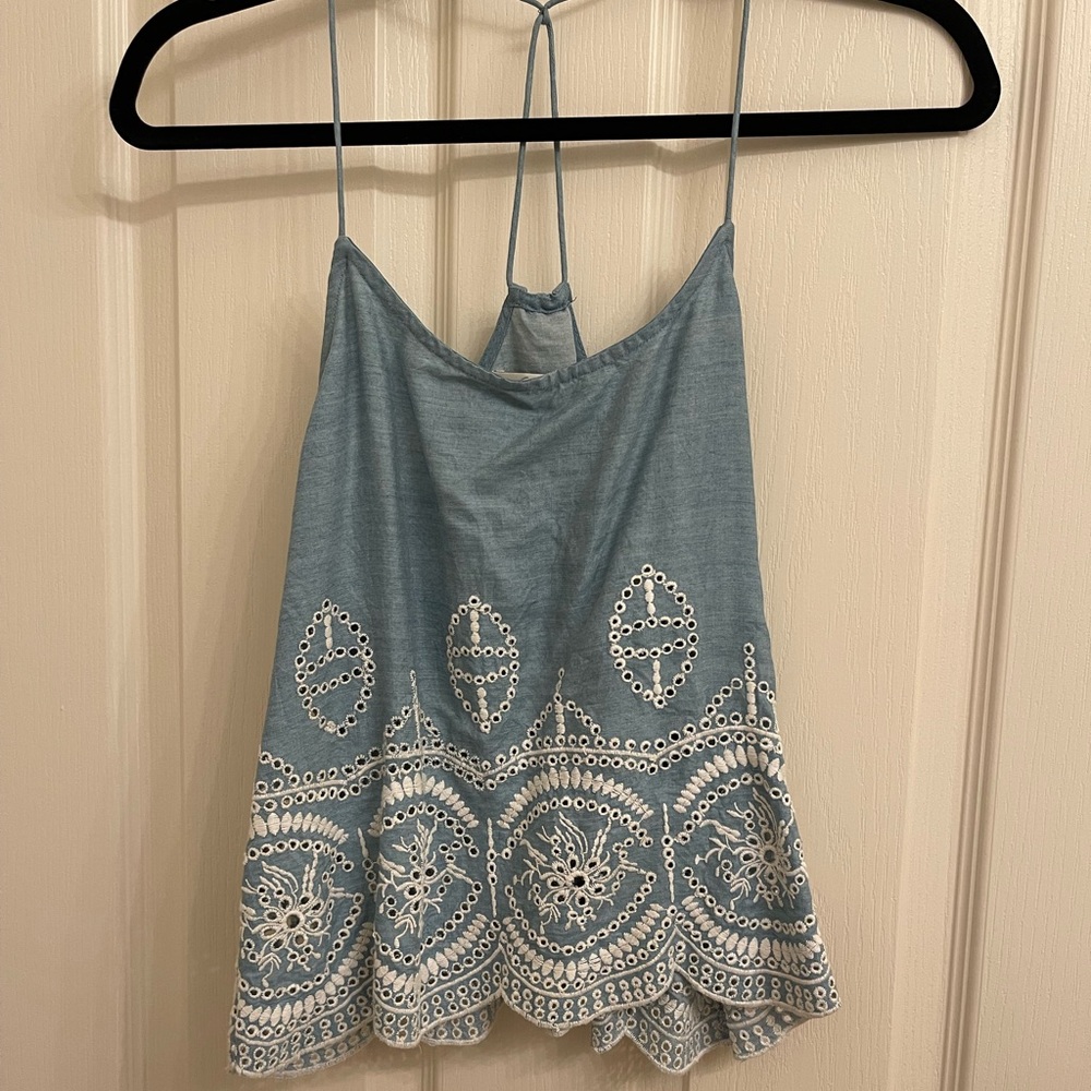 Lovers + Friends Blue and White Embroidered Women's Top